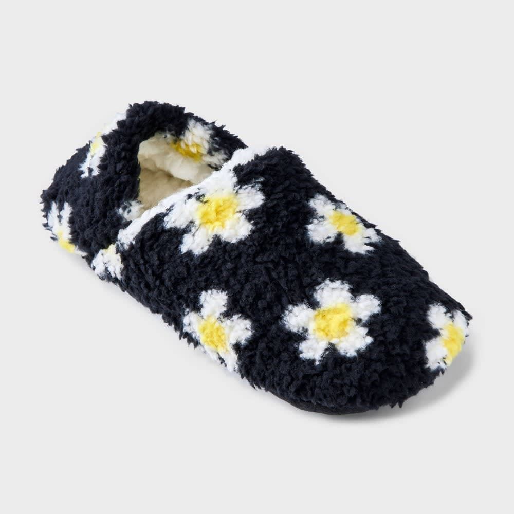 Women's Retro Floral Print Cozy Fleece High Cut Pull-On Slipper Socks with Grippers - Ivory/Black S/M