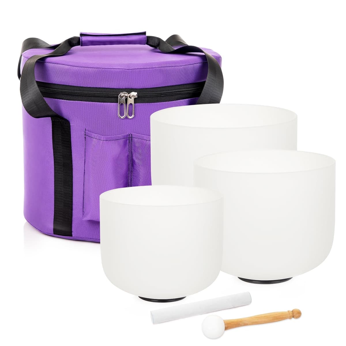 Siceeoly Set of 3 Singing Bowls 432HZ 8"G 10"E 12"C Frosted Chakra Quartz Crystal Sound Healing Bowls with 1 Travel Carry Case Bag 1 Mallet Suede 1 Striker 3 O-rings