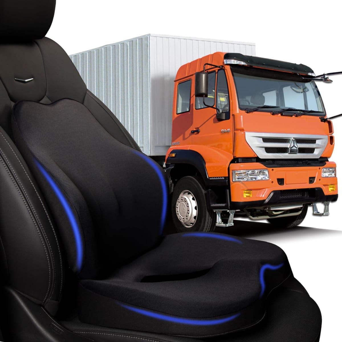 Truck Seat Cushion, 2PC 100% Memory Foam seat cushion for truck driver, Truck Driver Seat Cushion & Back Support, Semi Truck Accessories for men -Seat cushion-18x14.5x3.5in, Lumbar Cushion-16.5x15.4x5