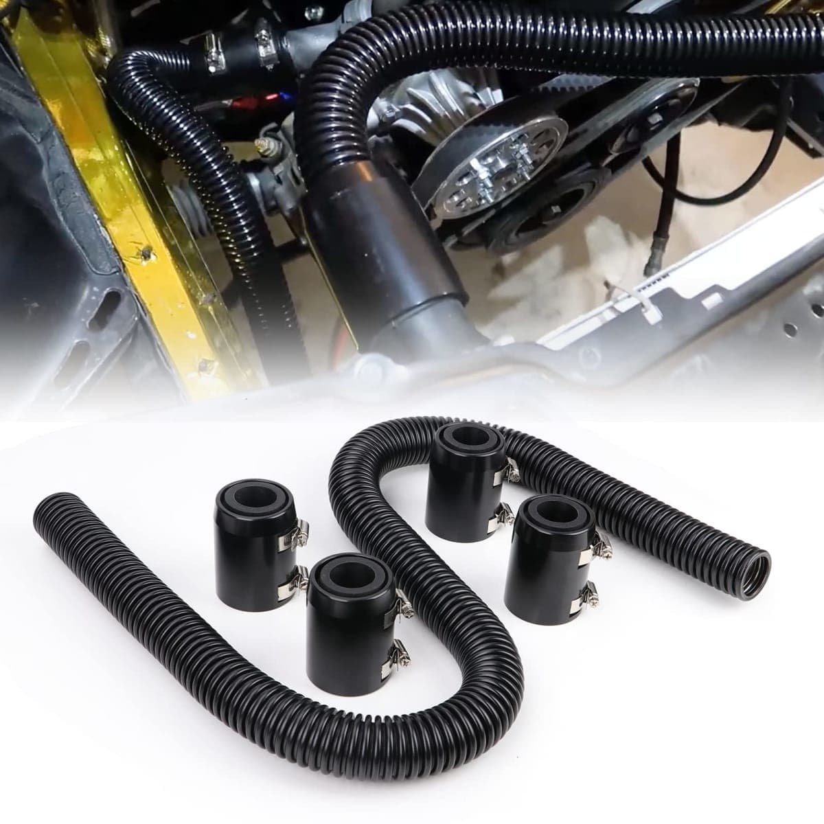 iRKY 48" Flexible Radiator Hose Stainless Steel Universal Water Hoses Adapter Coolant Radiator Hose Kit with 4Pcs Chrome Caps (8 Clamps, Black)