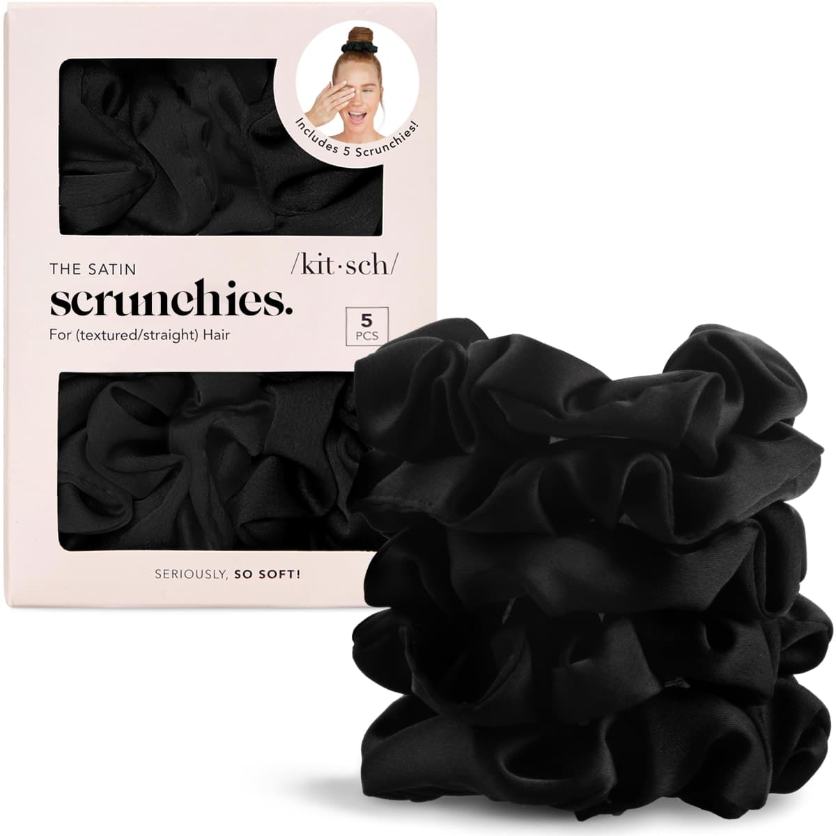 Kitsch Satin Scrunchies for Women For All Hair Types - Black, 5pcs