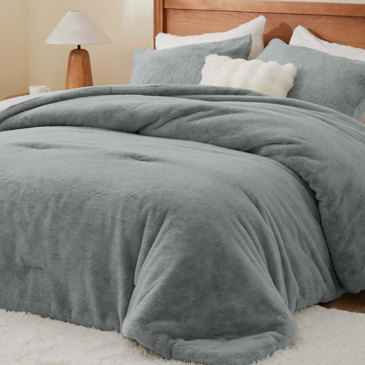 BEDELITE Faux Fur Queen Comforter Set Grey,Warm Bedding with 2 Pilowcases