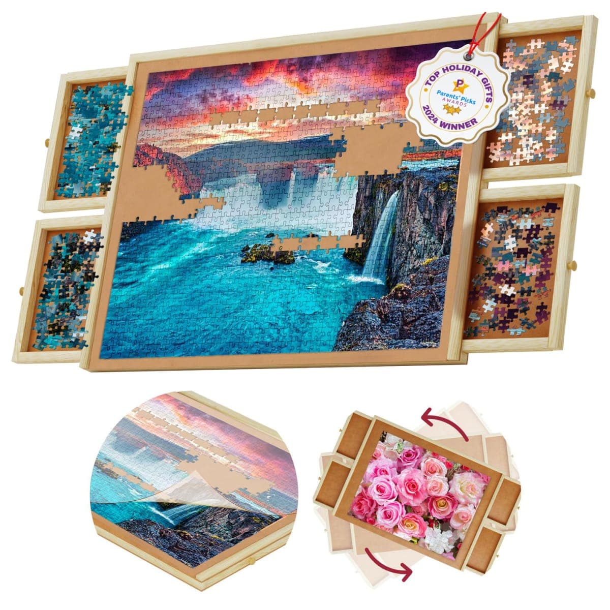 1000 Piece Wooden Jigsaw Puzzle Board - 4 Drawers, Rotating Puzzle Table | 30” X 22” Jigsaw Puzzle Table | Puzzle Cover Included - Portable Puzzle Tables for Adults and Kids by Beyond Innoventions