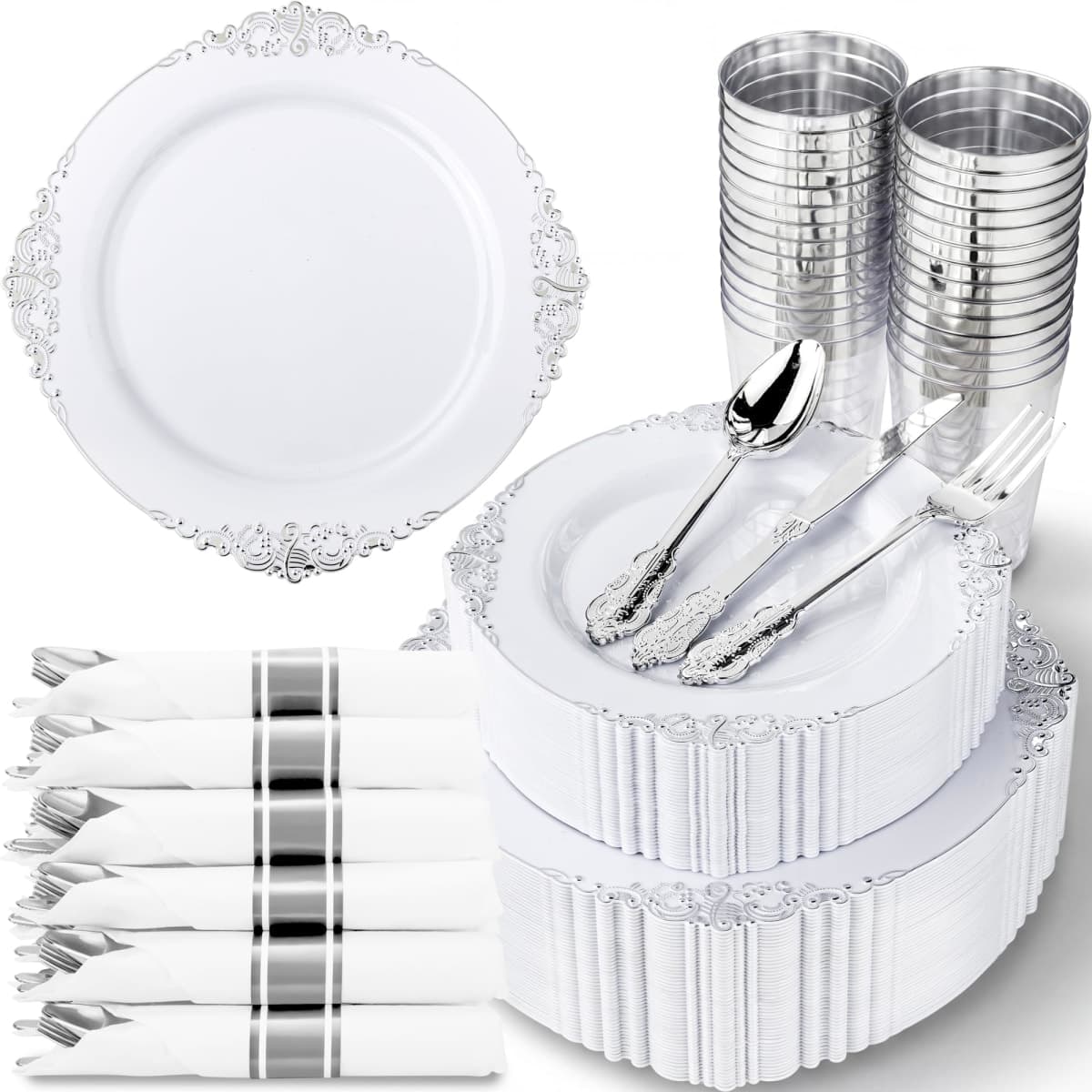 Nervure 350Pcs Silver Plastic Plates, Plastic Dinnerware Set for 50 Guests