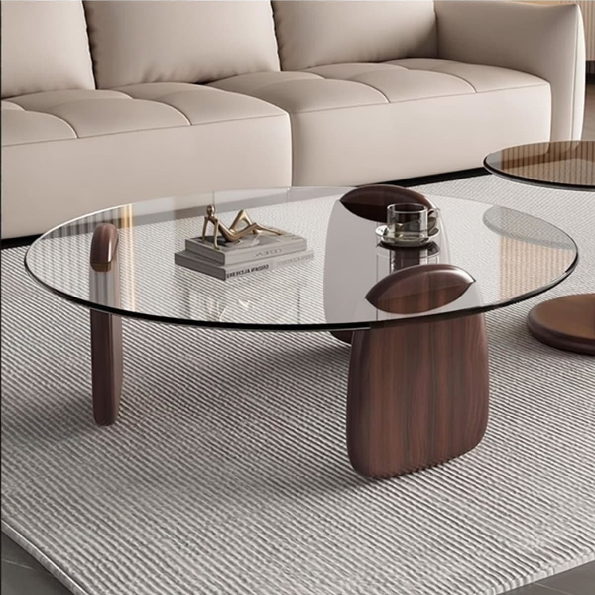 EASYSOUL Modern Round Coffee Table with Glass Top, 27.56" D x 27.56" W x 14.69" H, Circular Tea Tables for Living Room Home Office Industrial Cocktail Tables (Walunt-Clear Glass/27.56")