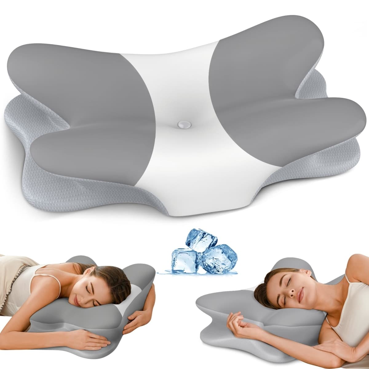 Cervical Pillow for Neck Pain Relief, Ergonomic Neck Pillow for Sleeping, Contour Pillow for Neck Support, Memory Foam Pillows for Side Back Stomach Sleepers (Grey+White+Grey)