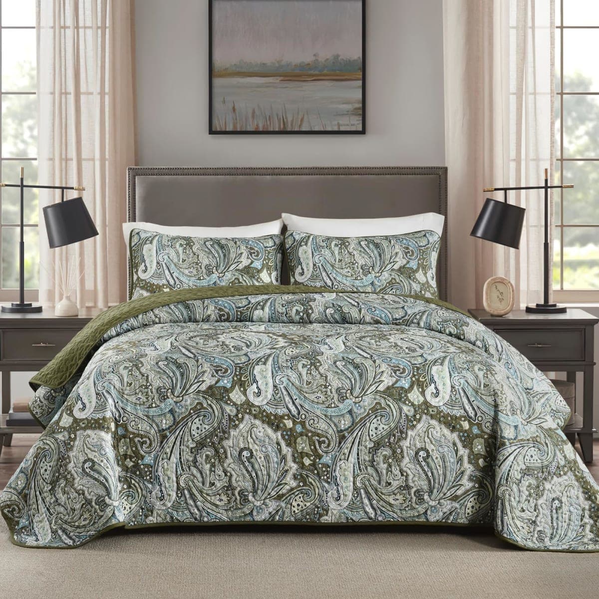 DJY Green Paisley Quilt Set Queen Size Boho Bedspread Coverlet Set