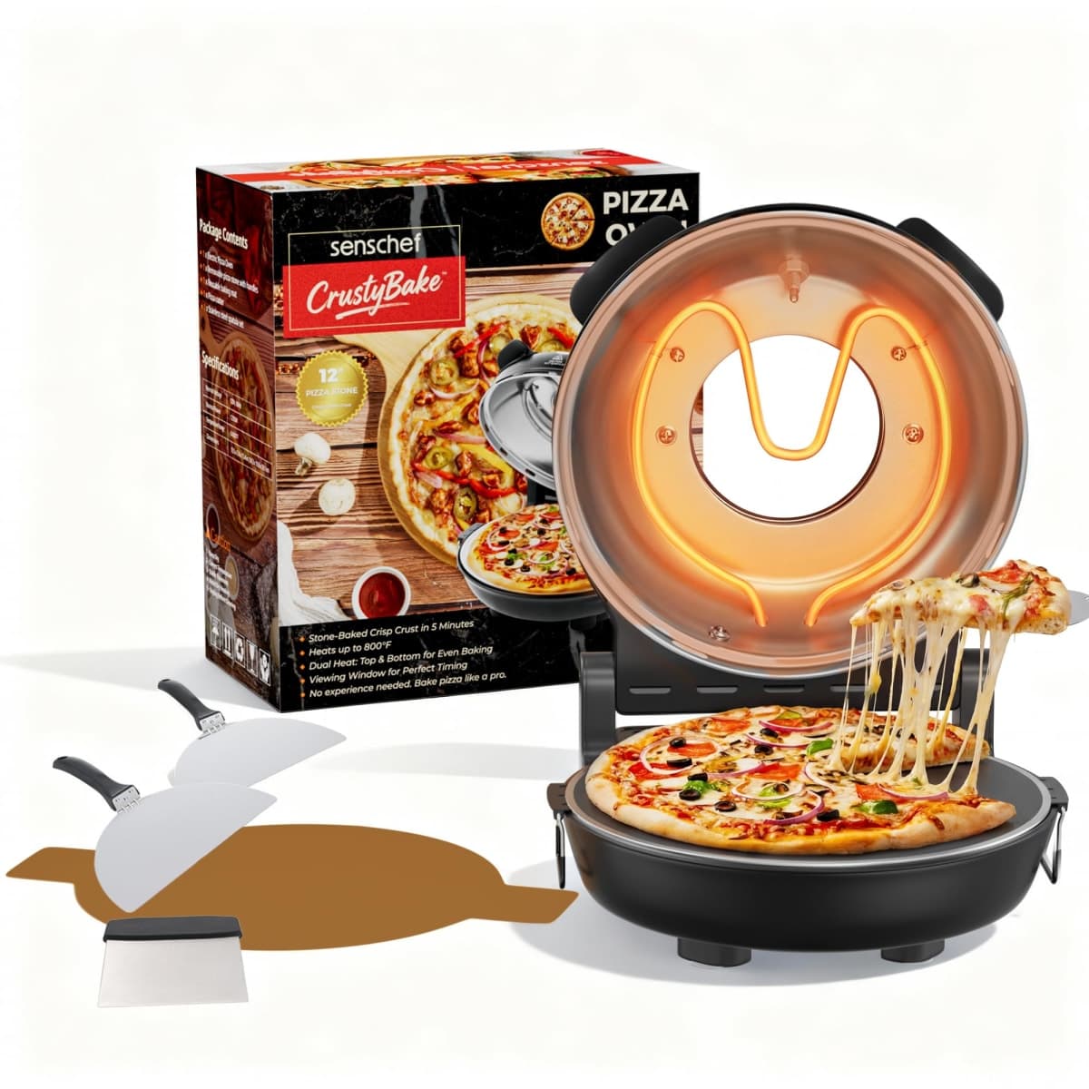 SEMSCHEF 12-Inch CrustyBake Beginner's Glazed Stone Pizza Oven: Quick 800°F Heating, Easy-Clean Design, Recipe Book & All Tools Included - Perfect for First-Time Pizza Makers at Home