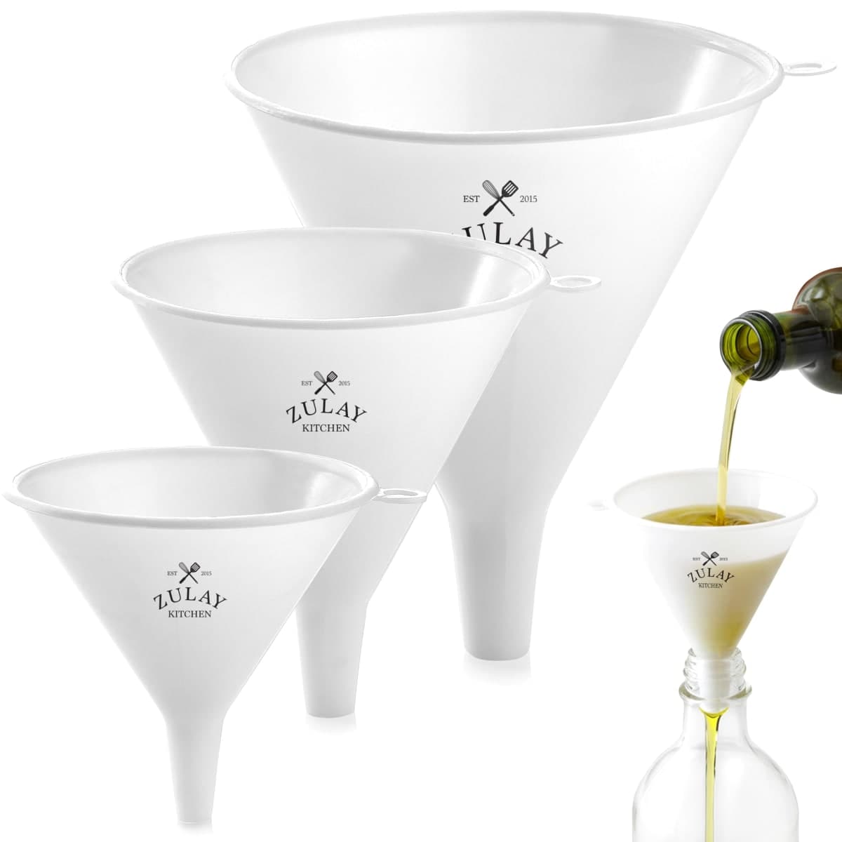 Zulay 3-Pieces Plastic Funnel Set - Large, Medium, and Small Kitchen Funnels for Filling Bottles - BPA Free Food Grade Cooking Funnel Set of 3