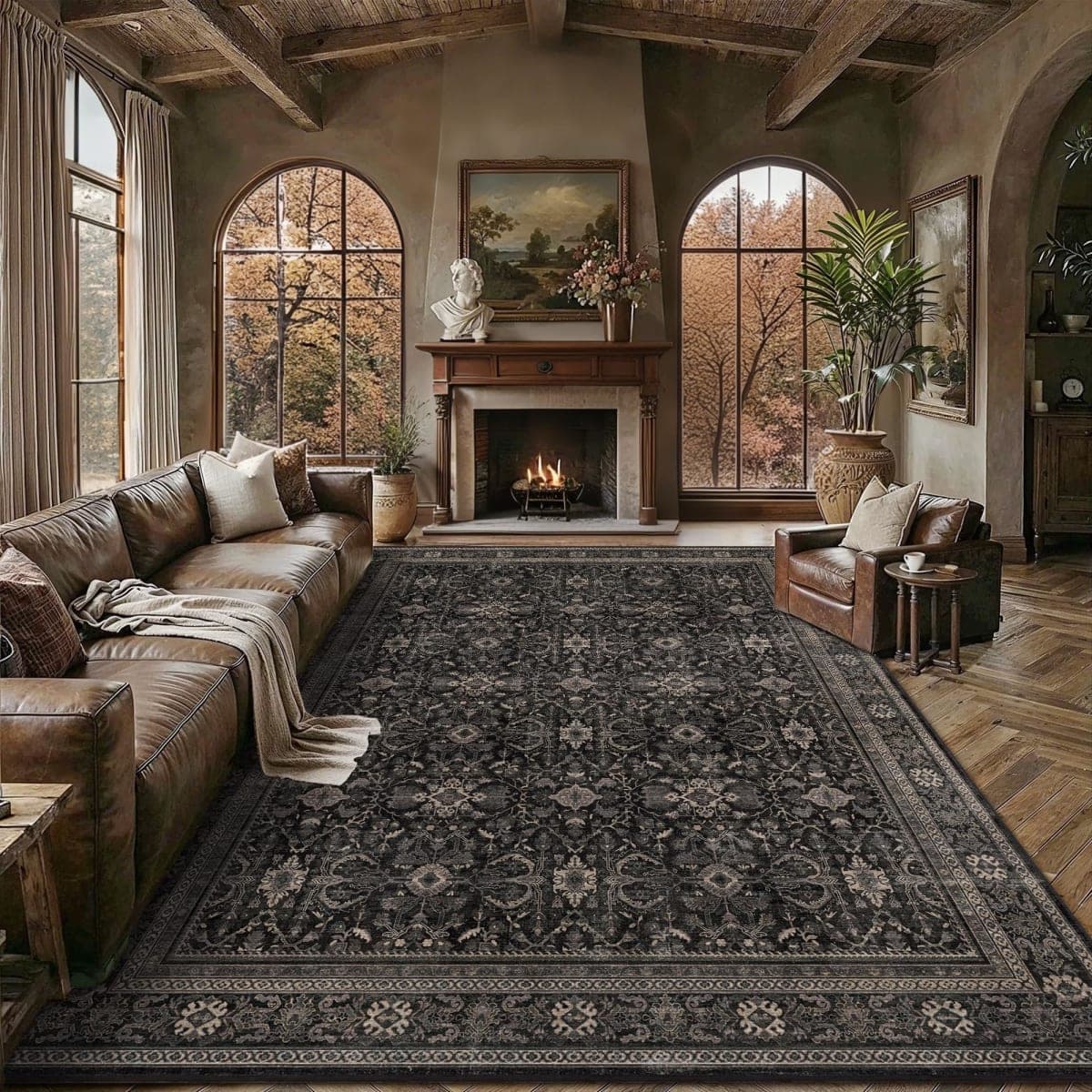 Schweek 8x10 Washable Area Rug Non-Slip Vintage Dark Rugs for Living Room