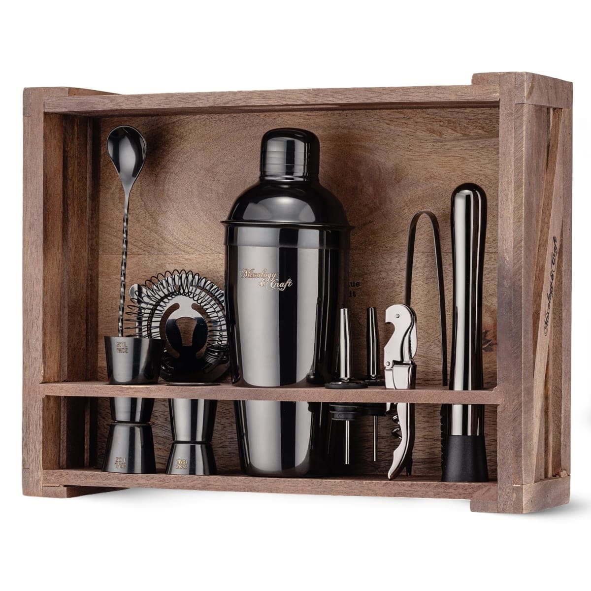Mixology Bartender Kit: 11-Piece Bar Tool Set with Rustic Wood Stand | Perfect Home Bartending Kit and Cocktail Shaker Set for an Awesome Drink Mixing Experience (Gun-Metal Black)