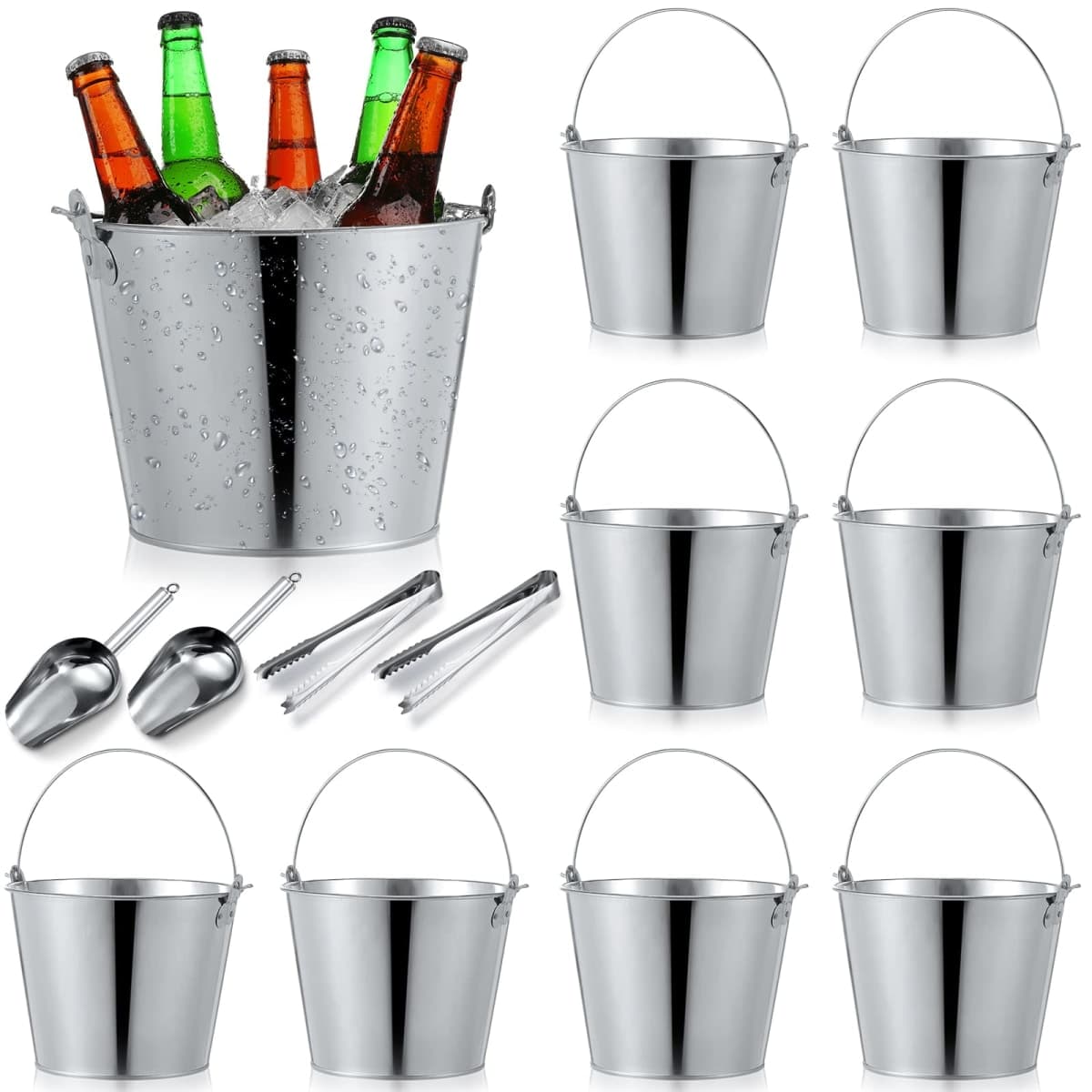 Zopeal 24 Pcs Galvanized Beer Buckets with Scoops Tongs, Silver
