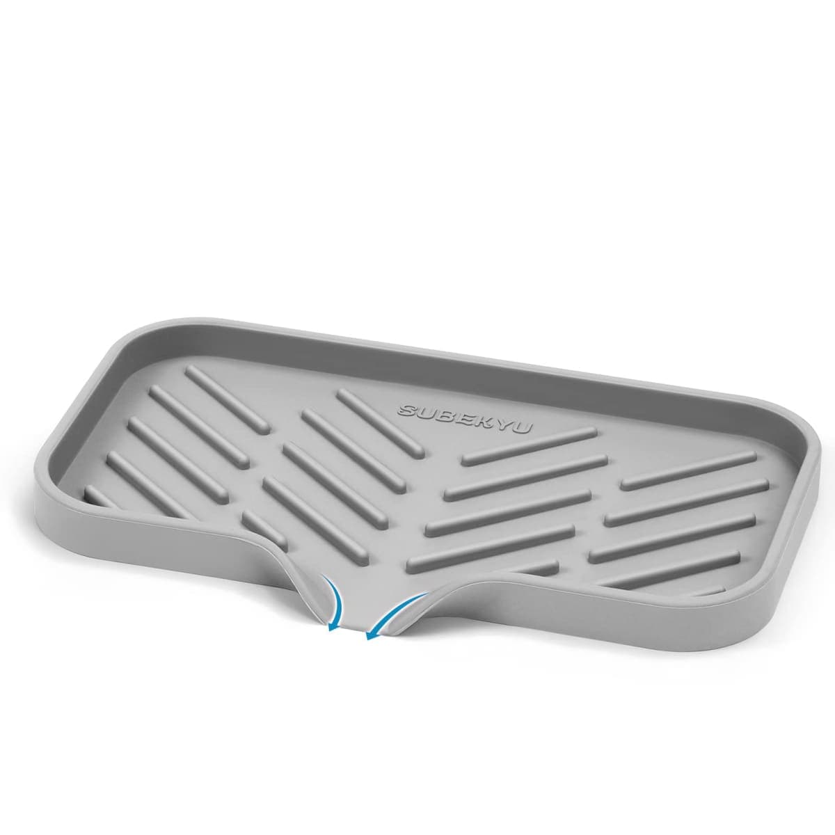 SUBEKYU Silicone Kitchen Soap Tray, Sink Tray for Kitchen Counter/Soap Bottles, Sponge Holder and Organizer with Drain Spout, Grey[Size: 9.5 x 5 inch]