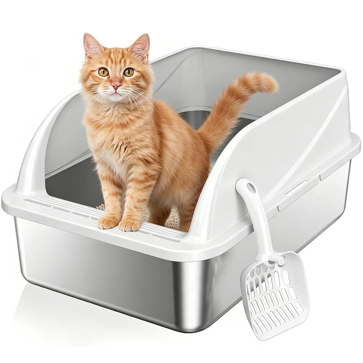 OneBug Stainless Steel Cat Litter Box with Scoop, Metal Litter Pan, Medium