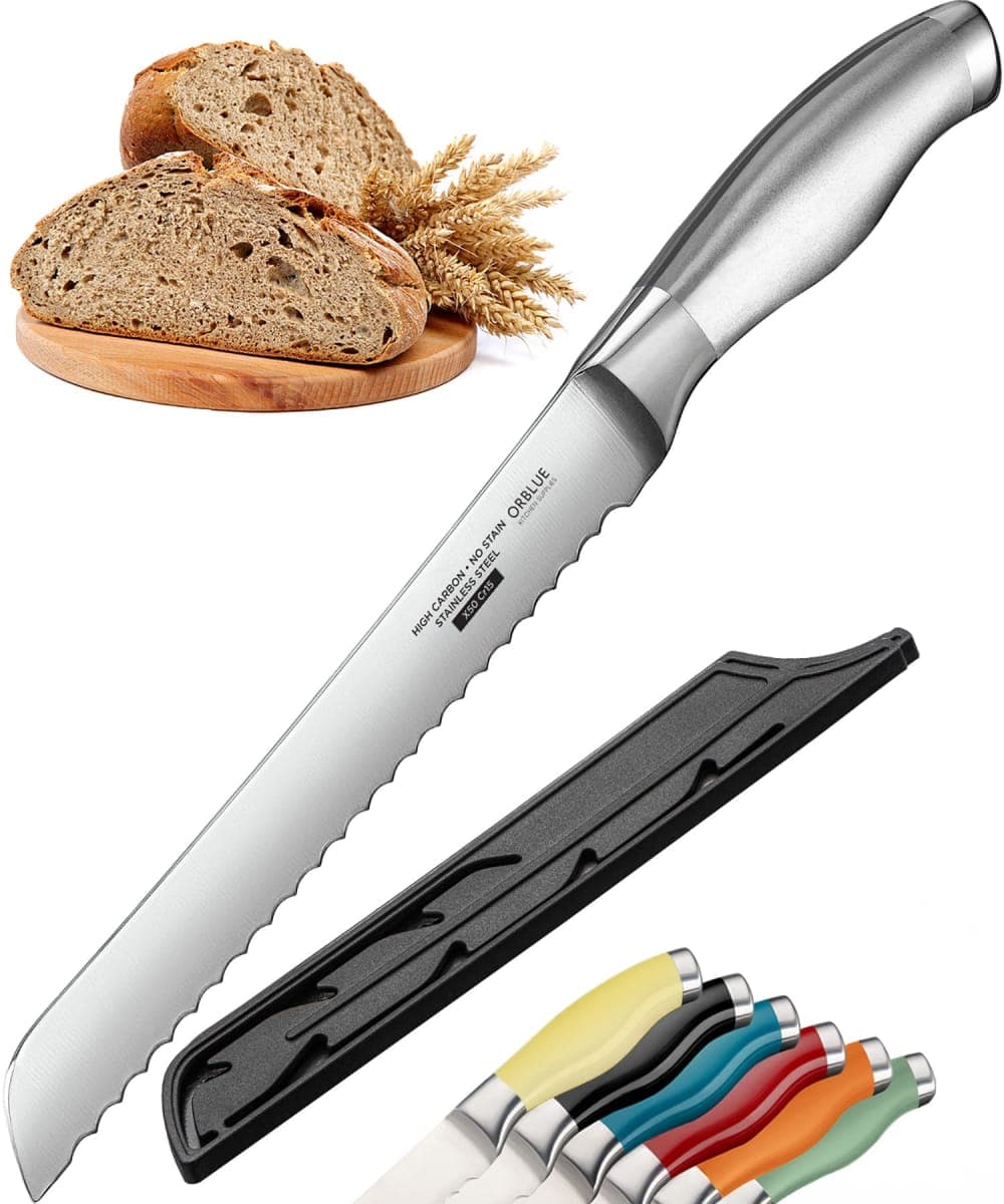 Orblue Serrated Bread Knife with Upgraded Stainless Steel Razor Sharp Wavy Edge Width - Bread Cutter Ideal for Slicing Homemade Bread, Bagels, Cake (8-Inch Blade with 5-Inch Handle)