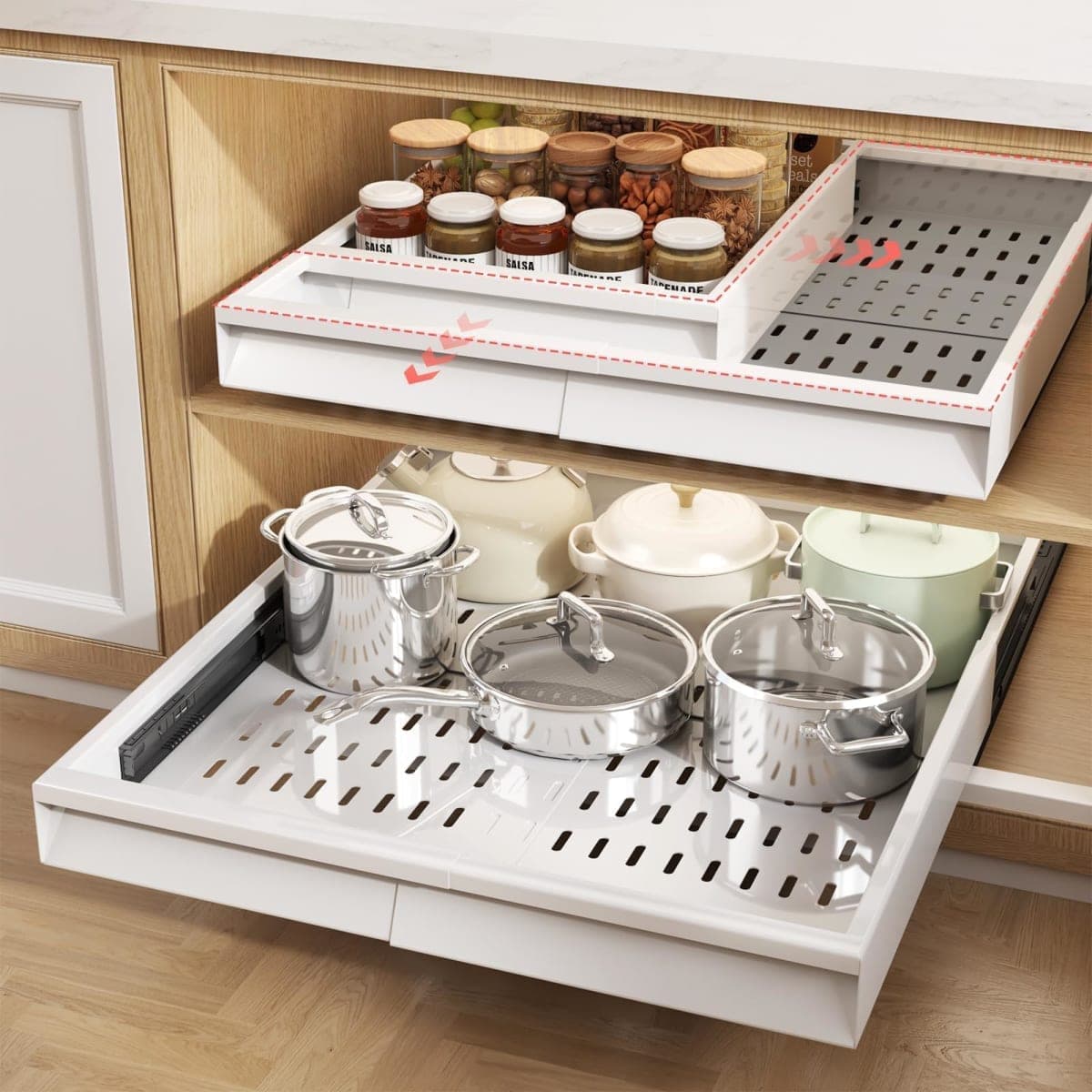 Seinloes Pull Out Cabinet Organizer, 4-Side Expandable to Fit Most Cabinets, 3 Rail Slide Out Drawers with Raising Pad for Framed & Frameless Cabinets, 13"-21" W x 17"-24" D, White, 2 Pack