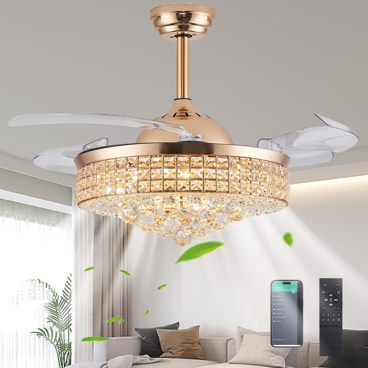 42" Dimmable Gold Fandelier Crystal LED Ceiling Fans with Lights and Remote Modern Retractable Blade Ceiling Lighting Fan Kit for Bedroom Dinning Room Living Room