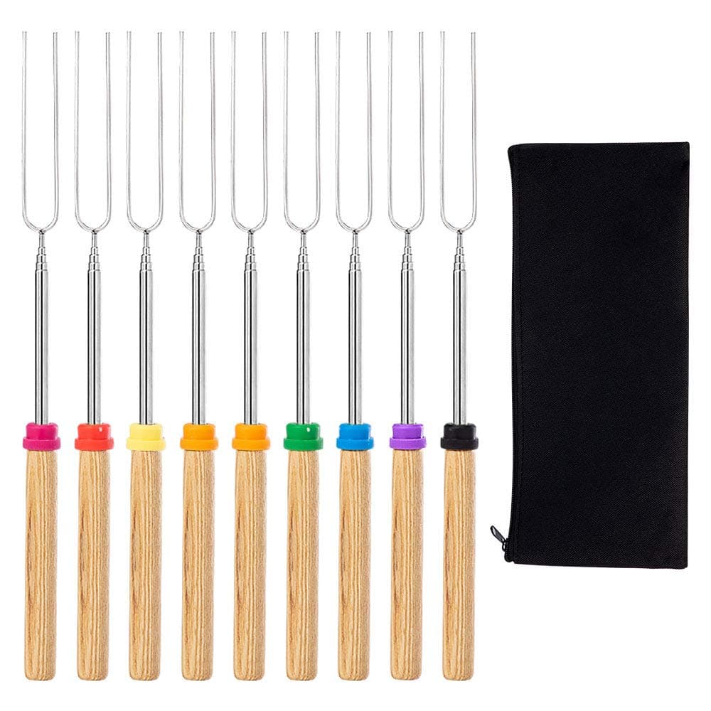 Marshmallow Roasting Sticks, 9 Pack Stainless Extendable Forks with Wooden Handle, Hot Dog Smores Skewers Kids Safe Barbecue Forks for Campfire, Bonfire and Grill (32 Inch)
