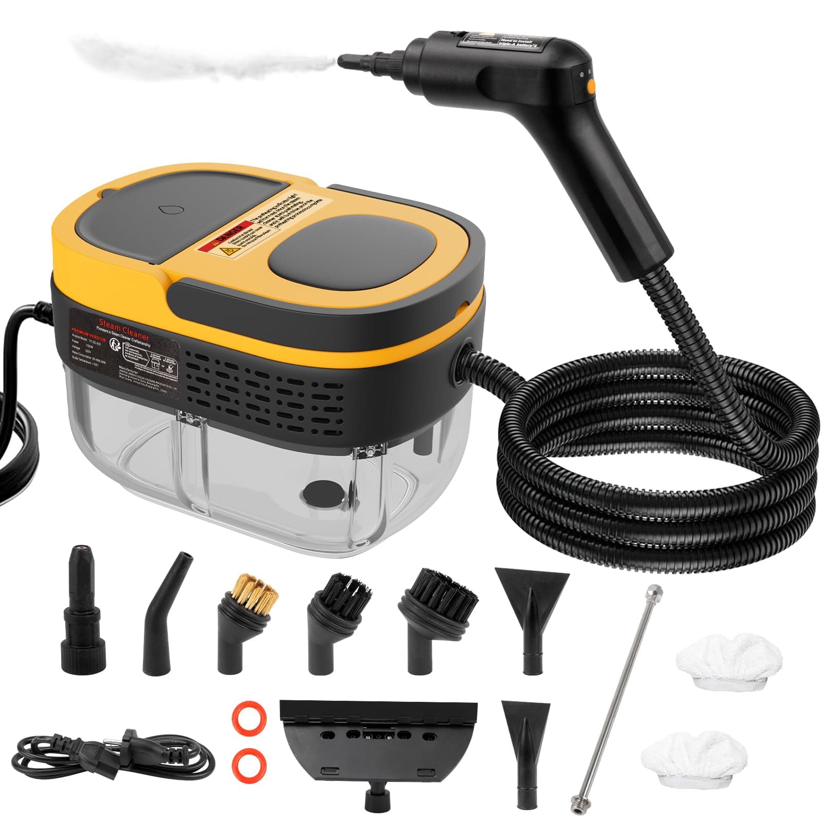 Steam Cleaner - 3-Level Adjustable Handle 15s Heat-Up - Steamer for Cleaning with 10pcs Accessories - Portable Steam Cleaner for Home for Car, Dirt, Grease, Grout, Tile, Floor, Couch, Furniture-Yellow