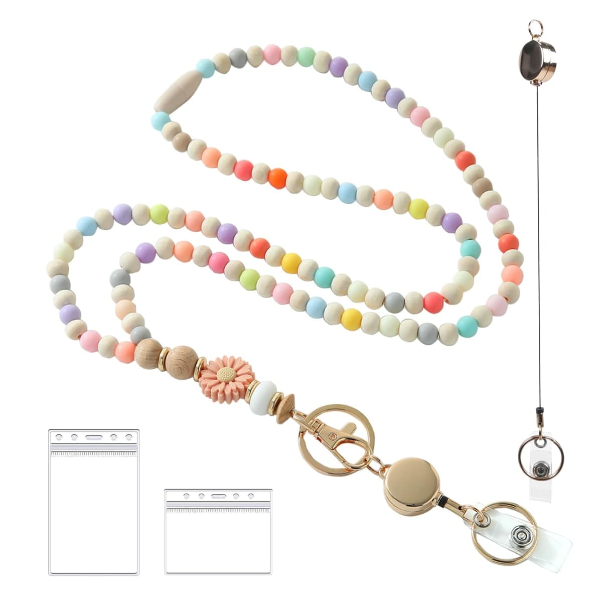 Disstong Wooden Beaded Lanyard for Women - Teacher Nurse ID Badge Holder - Retractable Breakaway Keychain for Keys (Cute Boho Style with Flower & Colorful Beads)