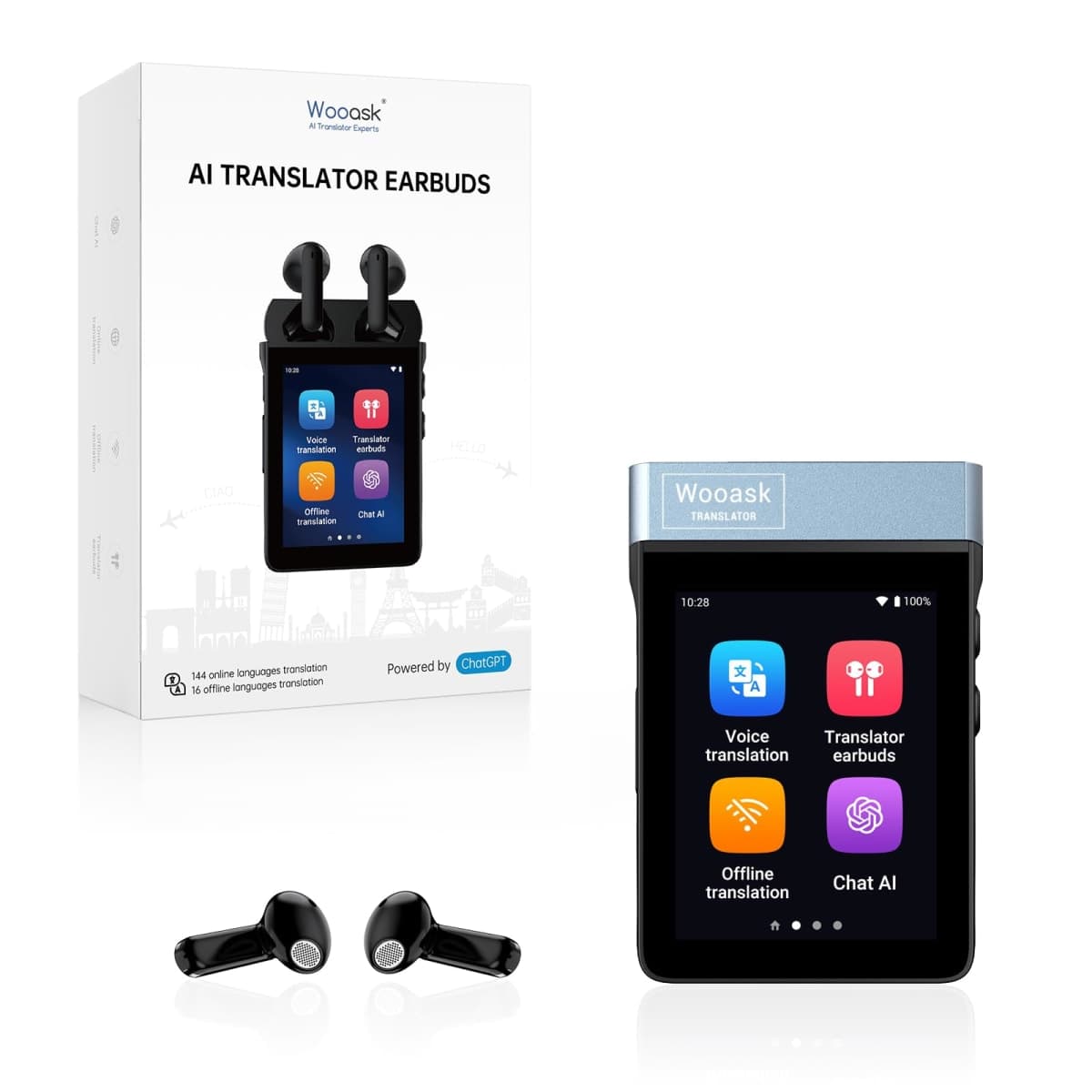 Wooask A9 AI Translator Earbuds, for Global Business Travel & Off-Grid Exploration, Instant Offline/Camera Translation, Unlock 4G Calls & Hotspot with a SIM No Phone Needed (Black, 4G+WiFi Version)