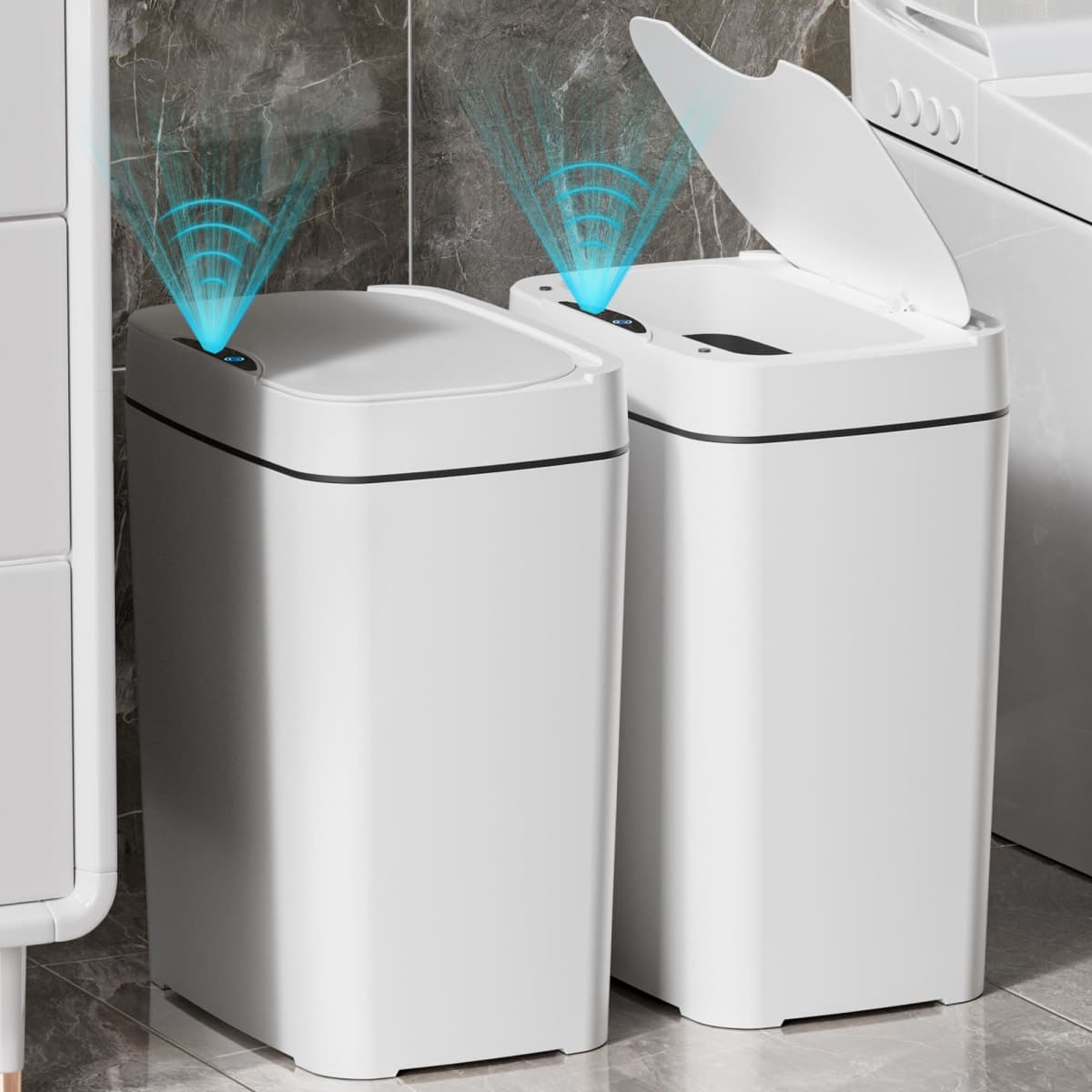 Vanpopubs 2 Pack 2.7 Gal Bathroom Garbage Can with Lid, Automatic Garbage Bin Small Smart Touchless Trash Can, Slim Motion Sensor Waterproof Plastic Trash Bins for Bedroom Office Kitchen Toilet