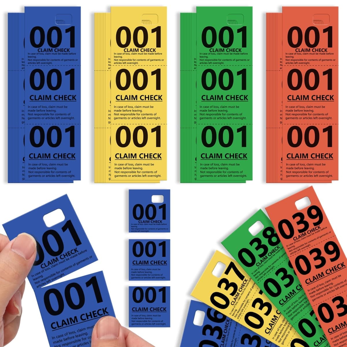 2000 Pcs Coat Check Tickets Multi Color Paper Coat Room Check Tags Perforated Tear-Off Coat Check Numbers 3 Part Claim Tags for Clothing (2000, Dark Blue&Yellow&Dark Green&Red, 1.7 * 5.1inch)
