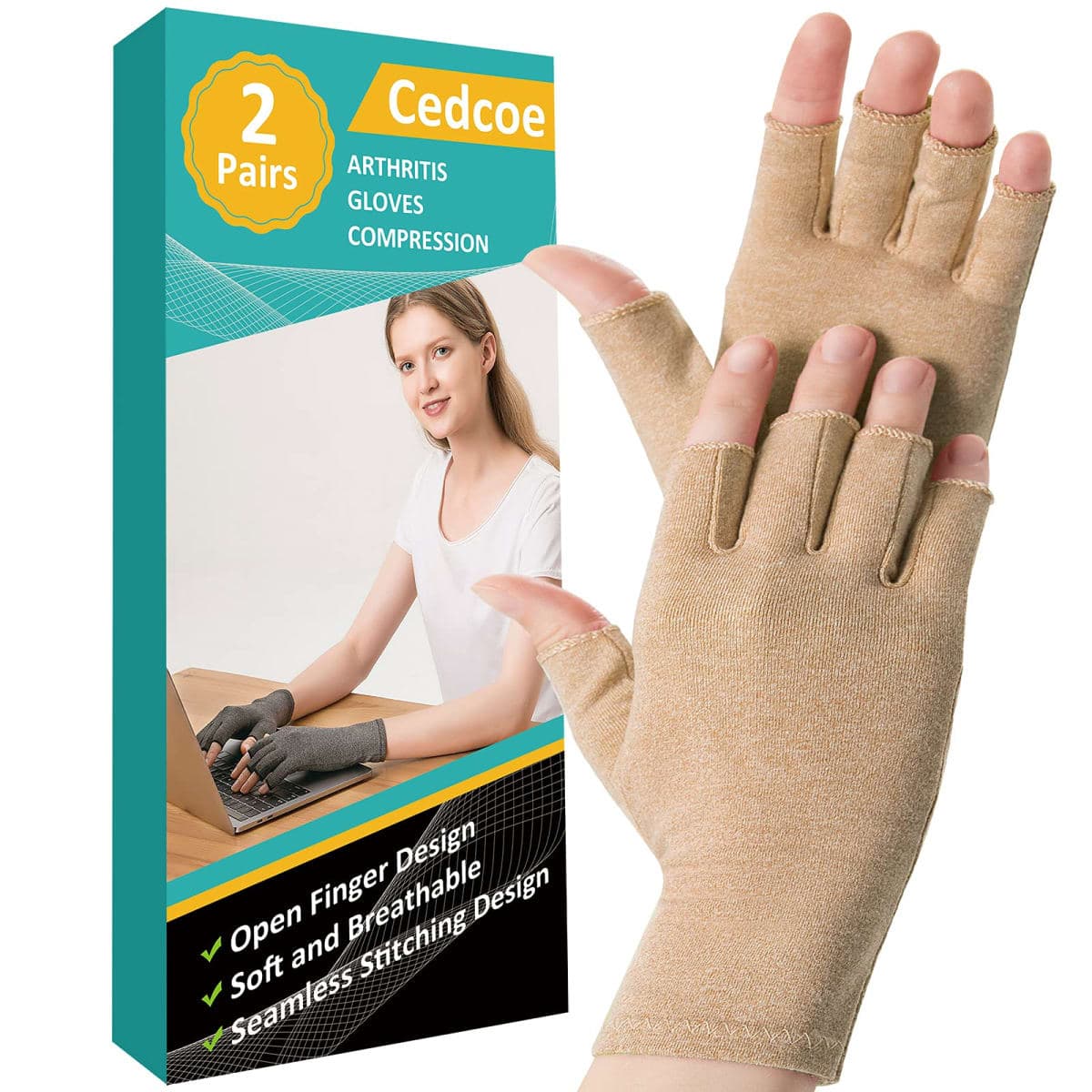 2 Pairs Arthritis Compression Gloves for Relieve Rheumatoid Arthritis, Osteoarthritis, Carpal Tunnel, Joint Pain, Open Fingerless Gloves, Fit for Women and Men to Daily Work and Computer Typing (Coffee, Medium)