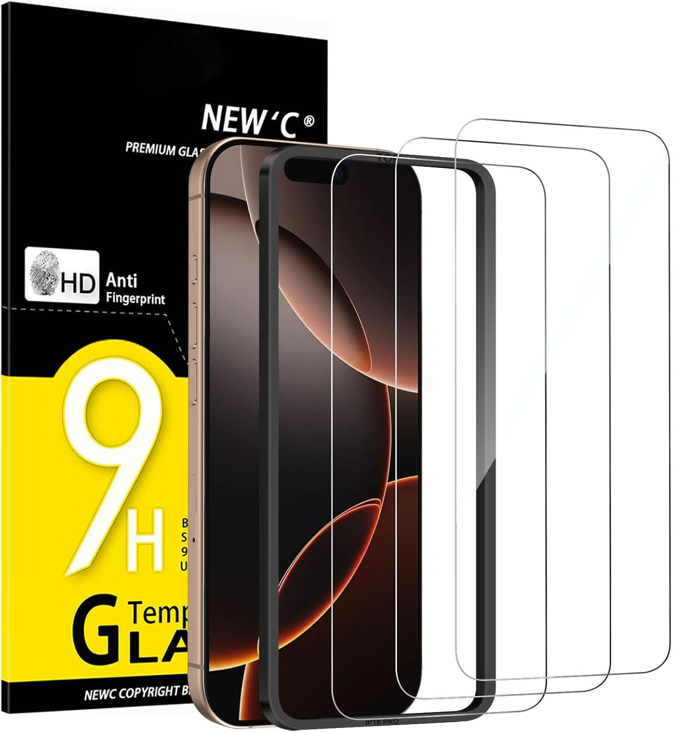NEW'C 3 Pack Designed for iPhone 16 Pro, iPhone 17,17 Pro Screen Protector (6.3 inches), Enhanced Tempered Glass Protection with easy installation tool included,Case Friendly