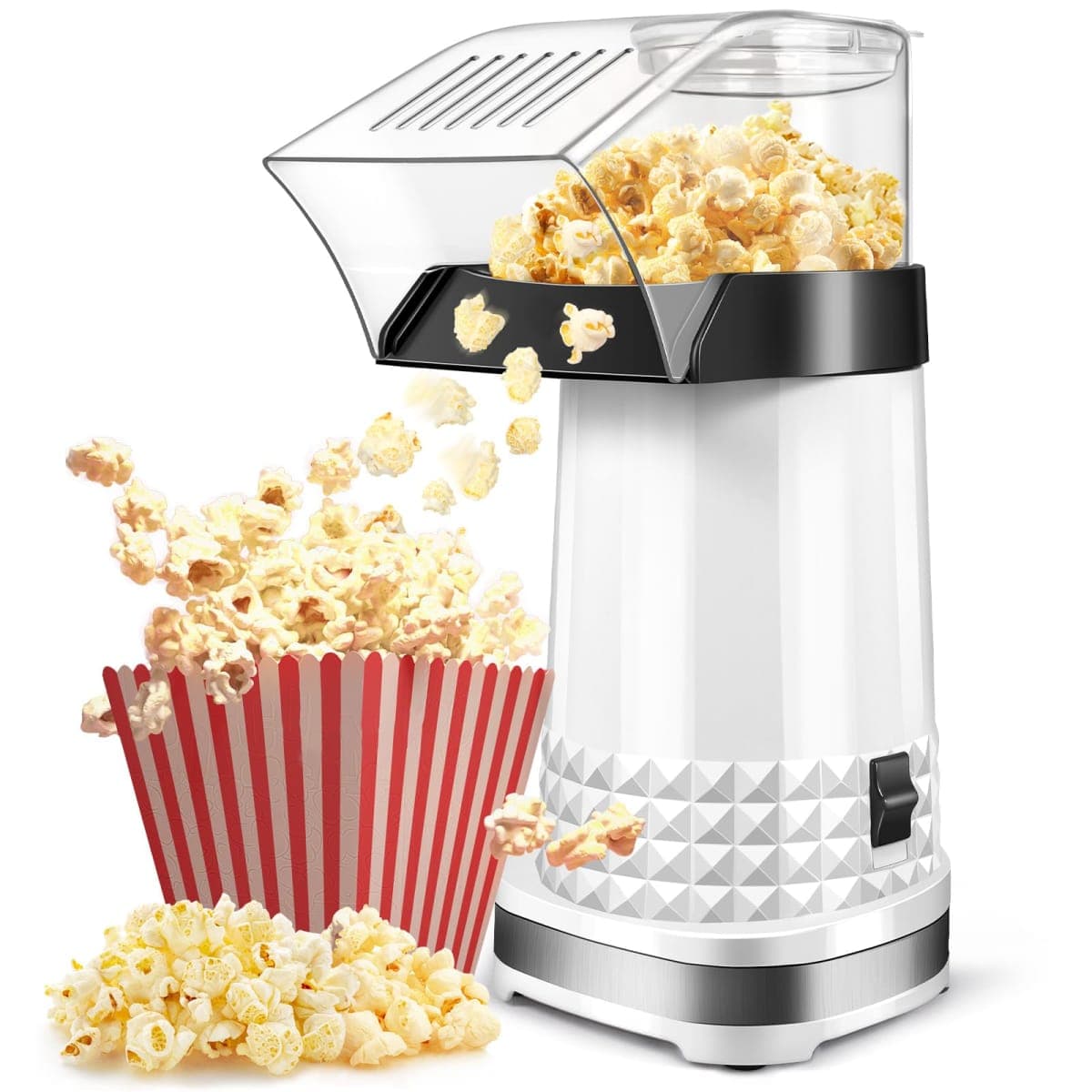 Quick & Easy 4.5Qt Oil-Free Hot Air Popcorn Machine - ETL Certified with Butter Melter, Measuring Cup & On/Off Switch for Movie Nights & Parties(White)