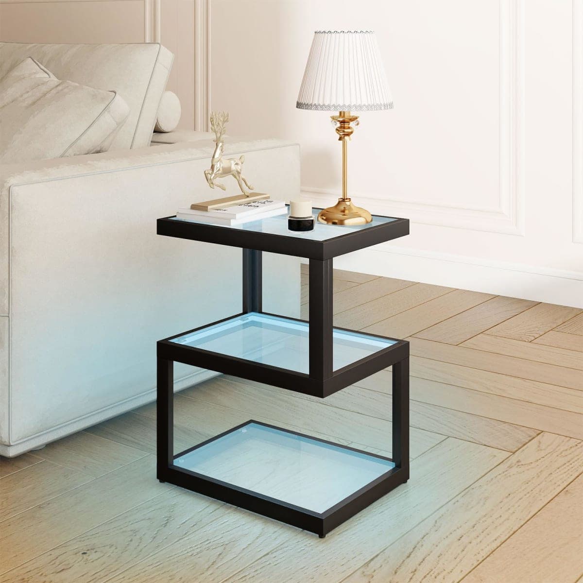 3-Tier Small Floating Side Table with Clear Tempered Glass and Metal Frame