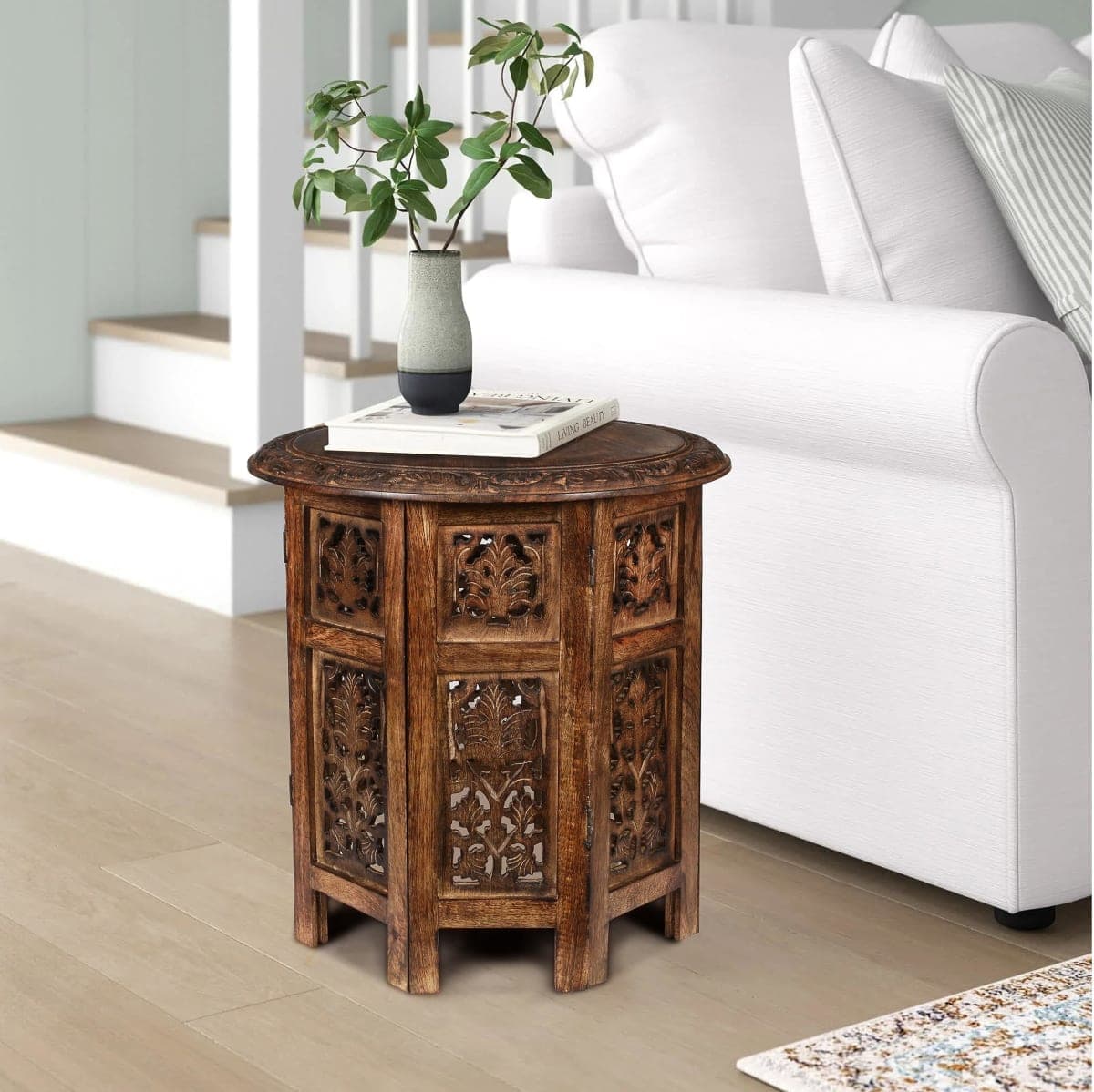 Lightnpro Octagonal Hand Carved Mango Wood Side Table Burnt Finish 45x45cm
