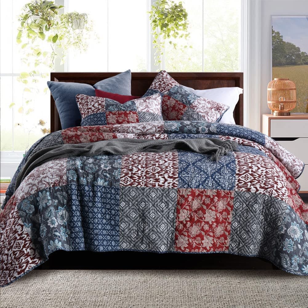 Secgo Patchwork Quilt Bedspread Sets - Cotton Queen Size Quilted Coverlet (90 * 98 Inch) with 2 Pillow Shams, Reversible Lightweight Coverle, Bed Decor Fit All-Season(Queen Size)
