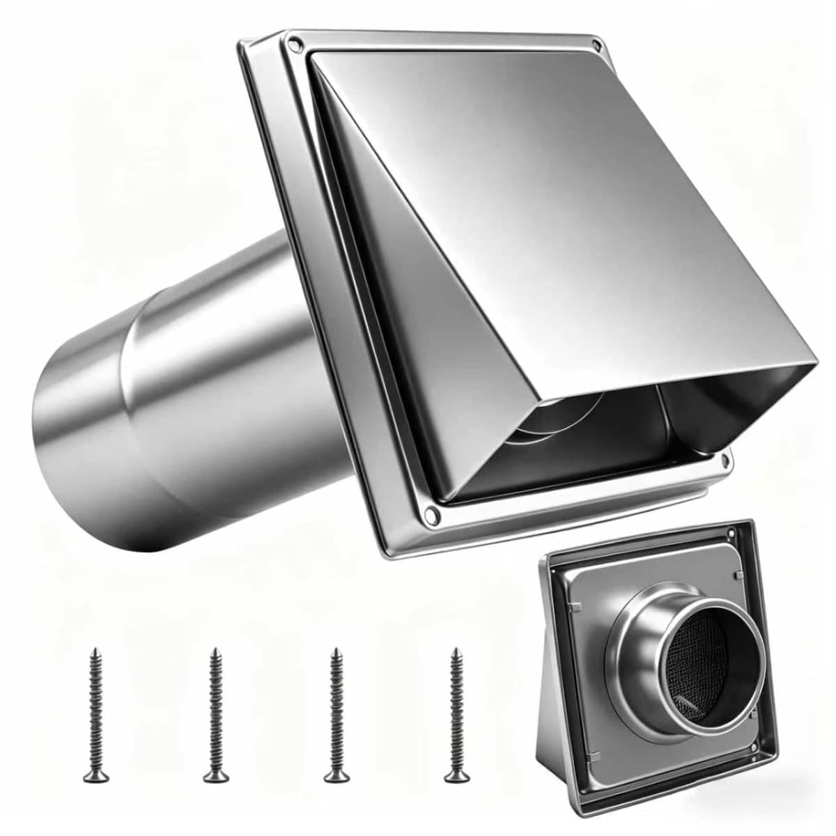 4 Inch Dryer Vent Cover, Stainless Steel Exhaust Cap with Removable Extended Pipe, Bird Proof Mesh Screen & Non-Return Flap, Outdoor Wall Mount Vent Hood with Sealing Gasket, Silver